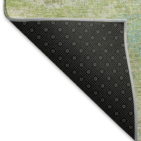 8' X 8' Lime Green Teal And Ivory Abstract Washable Round Rug With UV Protection