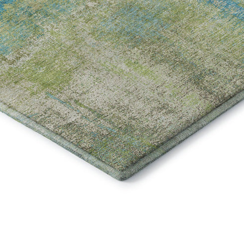 8' X 8' Lime Green Teal And Ivory Abstract Washable Round Rug With UV Protection