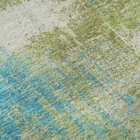 8' X 8' Lime Green Teal And Ivory Abstract Washable Round Rug With UV Protection