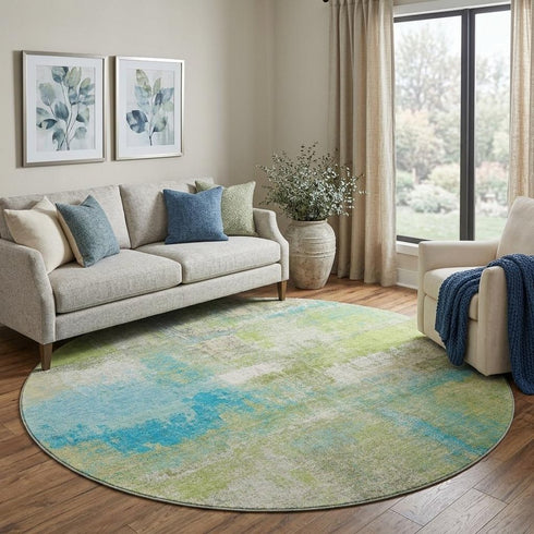 8' X 8' Lime Green Teal And Ivory Abstract Washable Round Rug With UV Protection