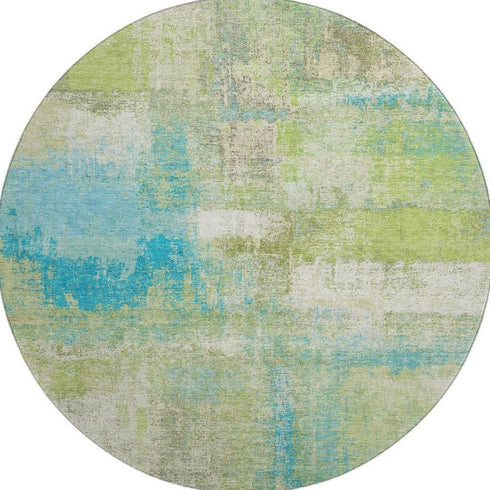 8' X 8' Lime Green Teal And Ivory Abstract Washable Round Rug With UV Protection