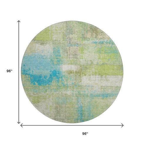 8' X 8' Lime Green Teal And Ivory Abstract Washable Round Rug With UV Protection