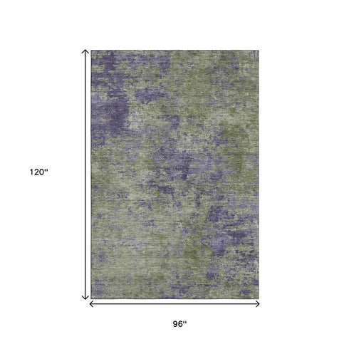 8' Olive Green And Purple Abstract Washable Area Rug With UV Protection