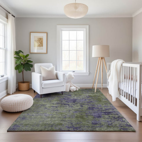 8' Olive Green And Purple Abstract Washable Area Rug With UV Protection