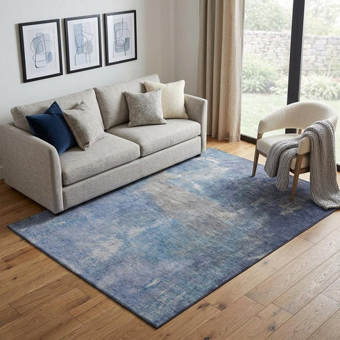 5' X 8' Blue Gray And Silver Abstract Washable Area Rug With UV Protection