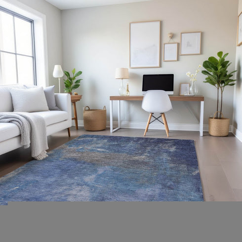 9' X 12' Blue Gray And Silver Abstract Washable Area Rug With UV Protection
