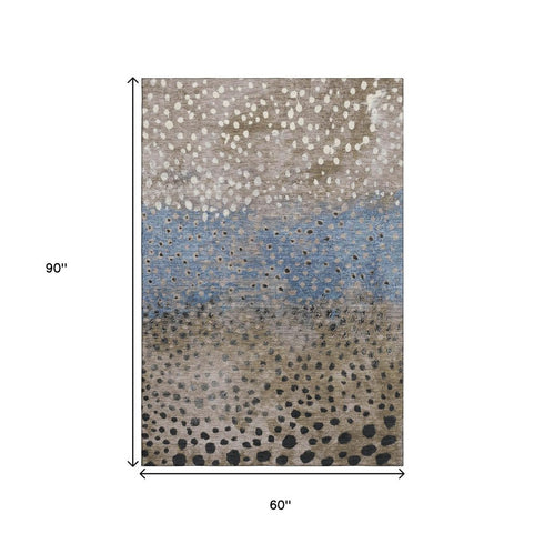 5' X 8' Khaki Blue And Ivory Polka Dot Washable Area Rug With UV Protection