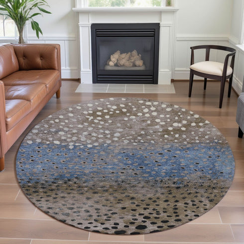 8' X 8' Khaki Blue And Ivory Polka Dot Washable Round Rug With UV Protection