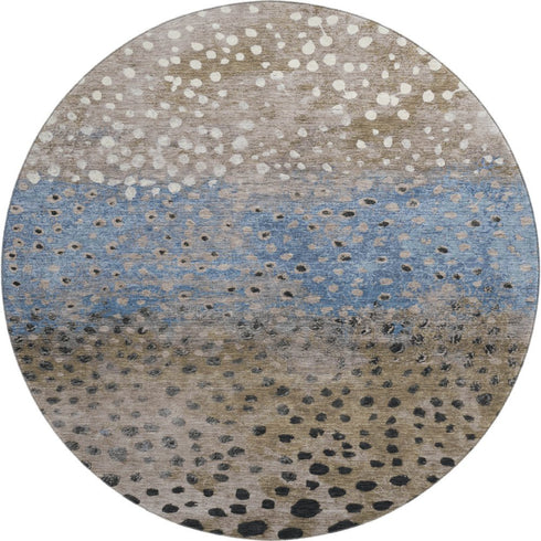8' X 8' Khaki Blue And Ivory Polka Dot Washable Round Rug With UV Protection