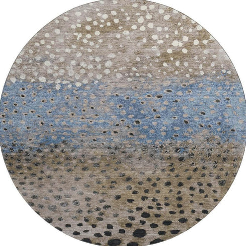 8' X 8' Khaki Blue And Ivory Polka Dot Washable Round Rug With UV Protection