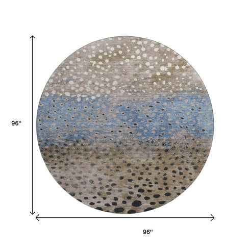 8' X 8' Khaki Blue And Ivory Polka Dot Washable Round Rug With UV Protection