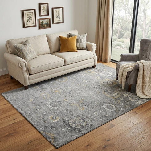 5' X 8' Gray Gold And Ivory Oriental Washable Area Rug With UV Protection
