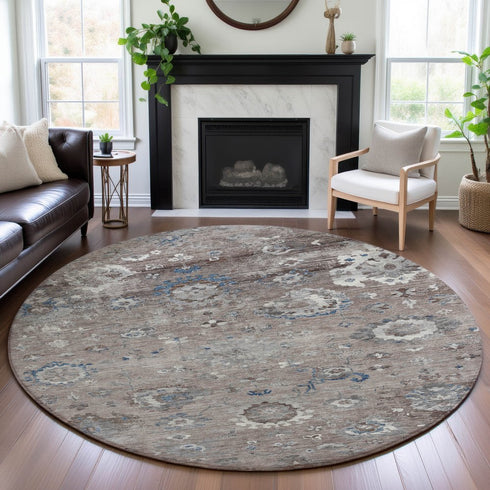 8' X 8' Taupe Blue And Beige Oriental Washable Round Rug With UV Protection