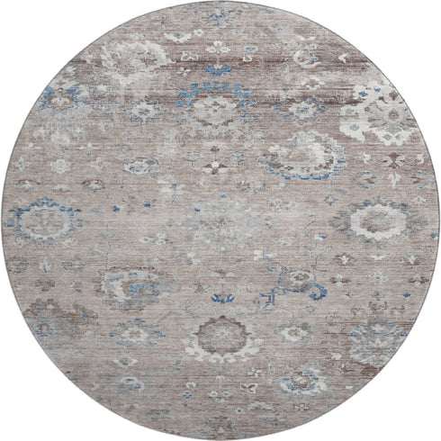 8' X 8' Taupe Blue And Beige Oriental Washable Round Rug With UV Protection