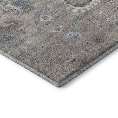 8' X 8' Taupe Blue And Beige Oriental Washable Round Rug With UV Protection
