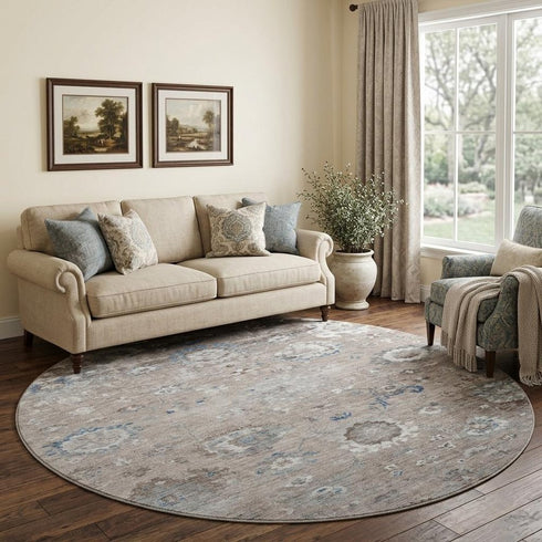 8' X 8' Taupe Blue And Beige Oriental Washable Round Rug With UV Protection