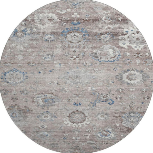 8' X 8' Taupe Blue And Beige Oriental Washable Round Rug With UV Protection