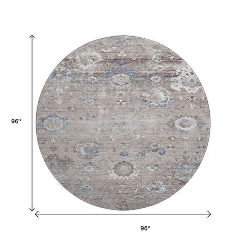 8' X 8' Taupe Blue And Beige Oriental Washable Round Rug With UV Protection