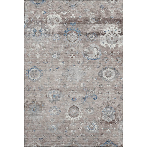 8' Taupe Blue And Beige Oriental Washable Area Rug With UV Protection
