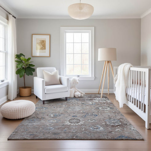 8' Taupe Blue And Beige Oriental Washable Area Rug With UV Protection