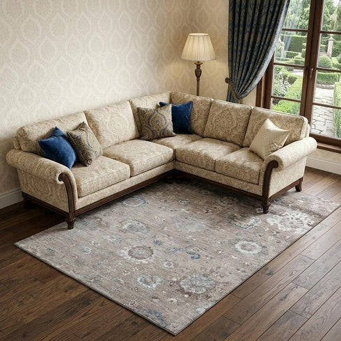 8' Taupe Blue And Beige Oriental Washable Area Rug With UV Protection