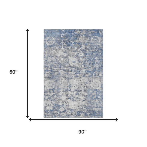 5' X 8' Blue Gray And Silver Floral Washable Area Rug With UV Protection