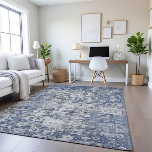8' Blue Gray And Silver Floral Washable Area Rug With UV Protection