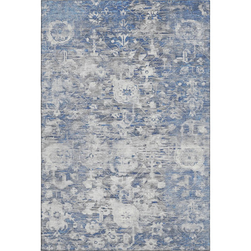 8' Blue Gray And Silver Floral Washable Area Rug With UV Protection