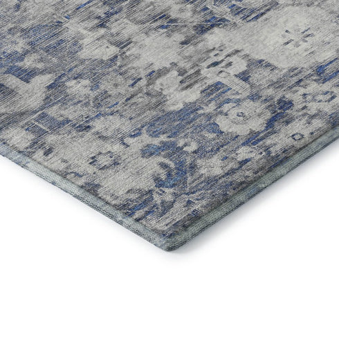 8' Blue Gray And Silver Floral Washable Area Rug With UV Protection