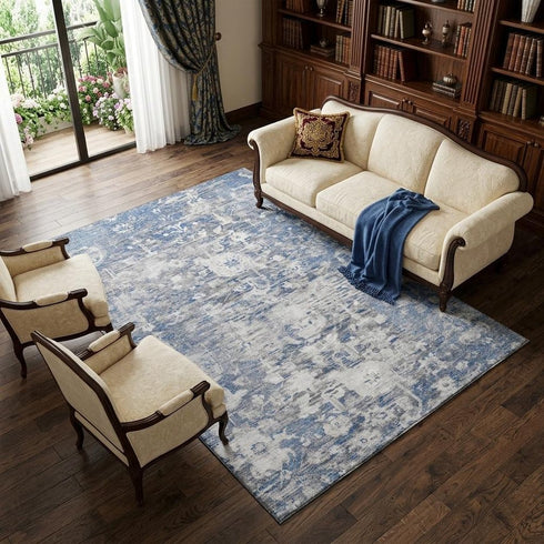 8' Blue Gray And Silver Floral Washable Area Rug With UV Protection