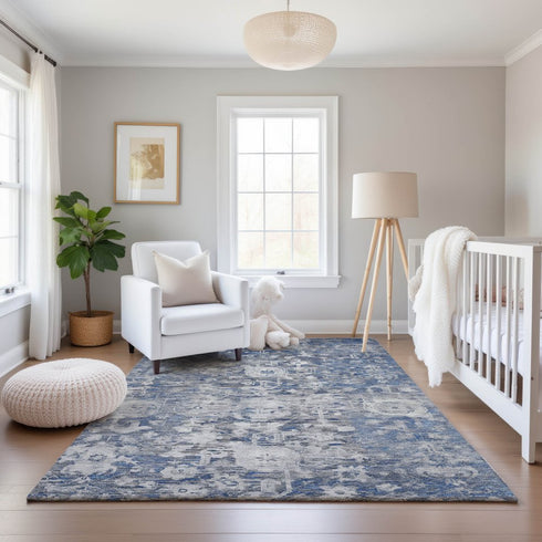 8' Blue Gray And Silver Floral Washable Area Rug With UV Protection