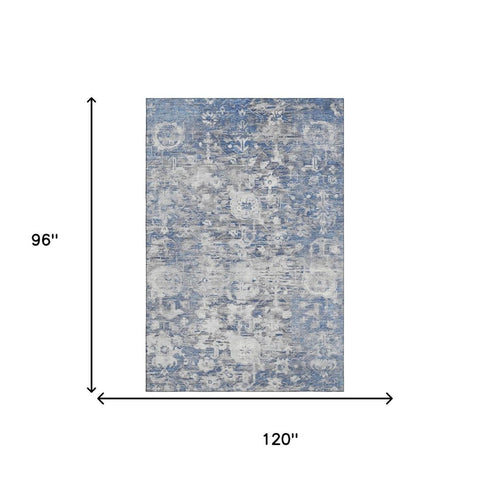 8' Blue Gray And Silver Floral Washable Area Rug With UV Protection