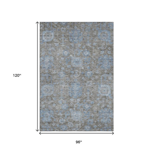 8' Gray And Blue Floral Washable Area Rug With UV Protection