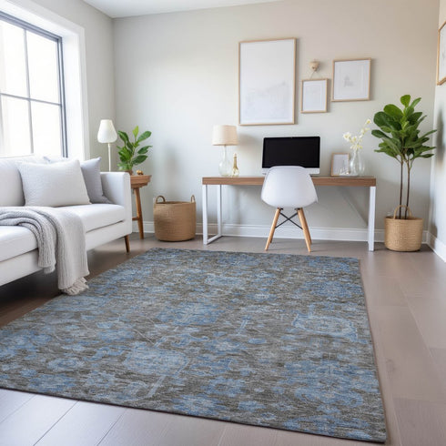 8' Gray And Blue Floral Washable Area Rug With UV Protection