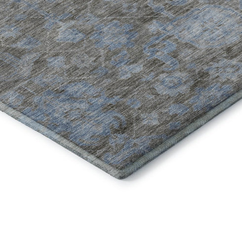 8' Gray And Blue Floral Washable Area Rug With UV Protection