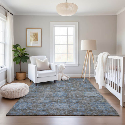 8' Gray And Blue Floral Washable Area Rug With UV Protection