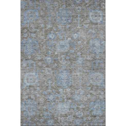 8' Gray And Blue Floral Washable Area Rug With UV Protection