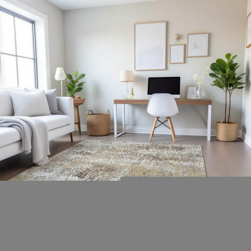 9' X 12' Ivory Beige And Brown Striped Washable Area Rug With UV Protection