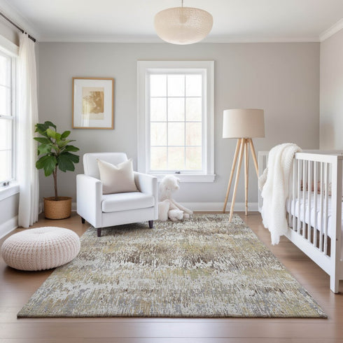 9' X 12' Ivory Beige And Brown Striped Washable Area Rug With UV Protection
