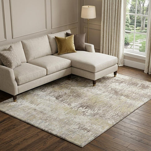9' X 12' Ivory Beige And Brown Striped Washable Area Rug With UV Protection