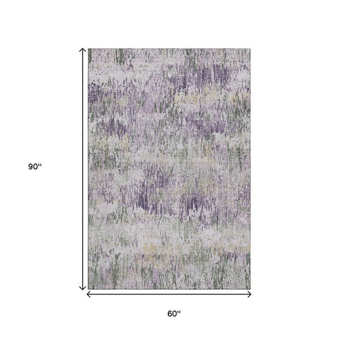 5' X 8' Lavender Ivory And Green Striped Washable Area Rug With UV Protection