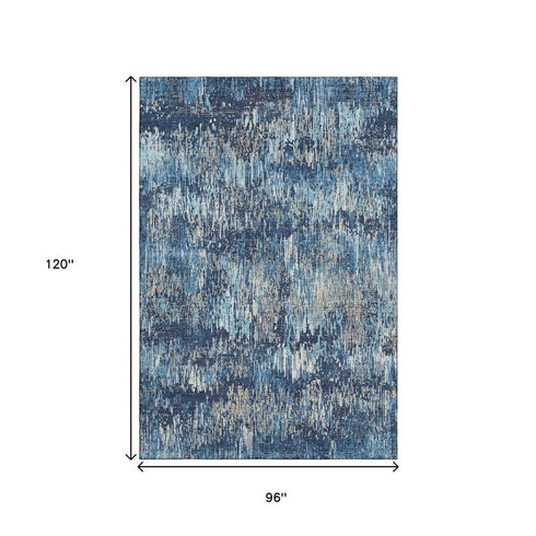 8' Navy Blue Ivory And Gray Striped Washable Area Rug With UV Protection
