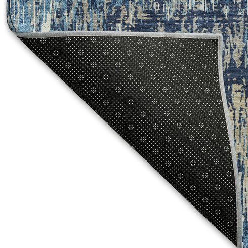 8' Navy Blue Ivory And Gray Striped Washable Area Rug With UV Protection