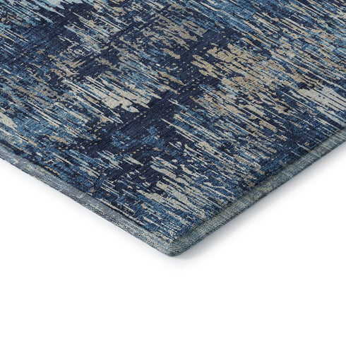 8' Navy Blue Ivory And Gray Striped Washable Area Rug With UV Protection