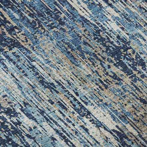 8' Navy Blue Ivory And Gray Striped Washable Area Rug With UV Protection