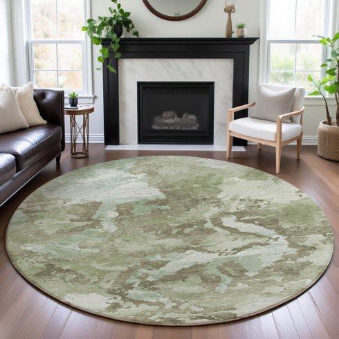 8' X 8' Artichoke Green Ivory And Sage Abstract Washable Round Rug With UV Protection