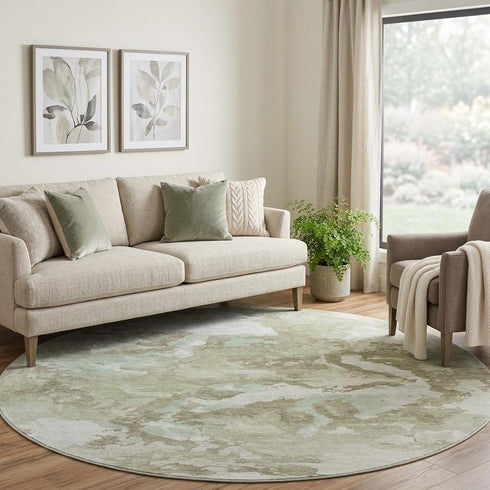 8' X 8' Artichoke Green Ivory And Sage Abstract Washable Round Rug With UV Protection
