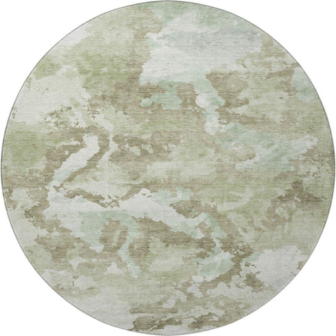 8' X 8' Artichoke Green Ivory And Sage Abstract Washable Round Rug With UV Protection