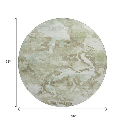 8' X 8' Artichoke Green Ivory And Sage Abstract Washable Round Rug With UV Protection