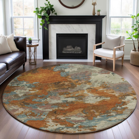 8' X 8' Copper Taupe And Orange Abstract Washable Round Rug With UV Protection